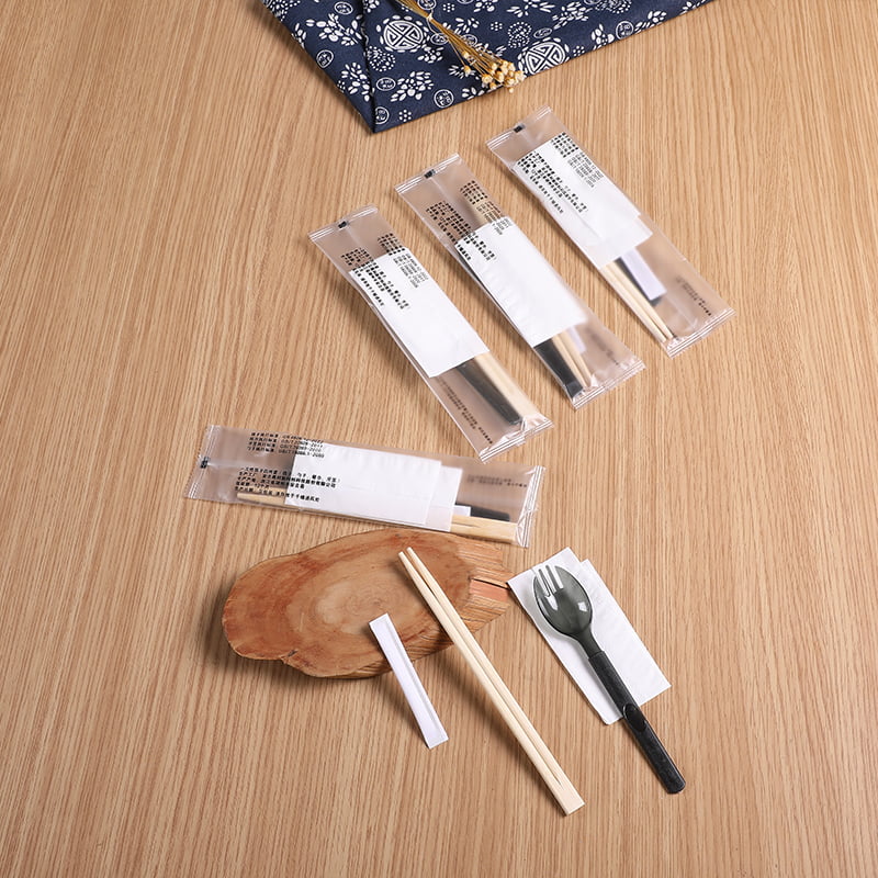 Bolsa de comida desechable con palillos, juego de película compuesta esmerilada, servilleta Spork