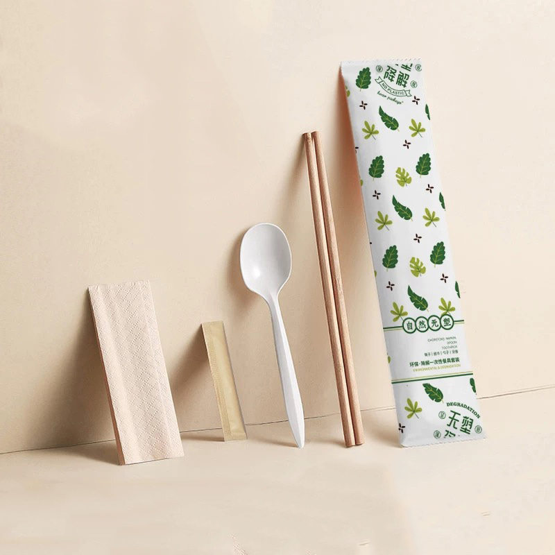 Cubiertos desechables, palillos de bambú ecológicos para restaurante, logotipo impreso, embalaje de cubiertos, juego de película de papel Degradable