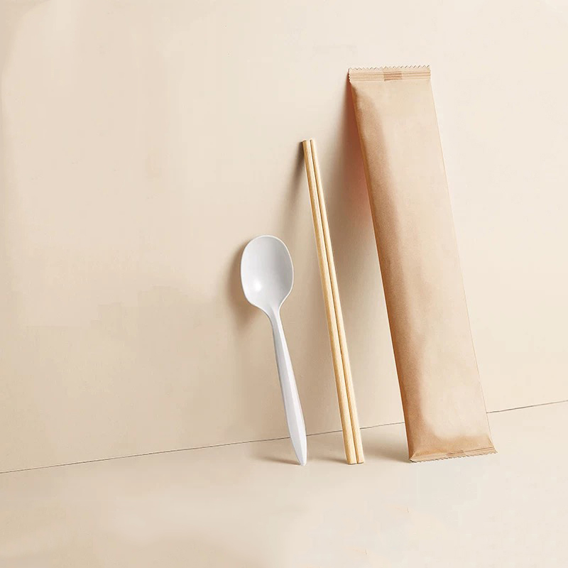 Palillos de bambú desechables, vajilla de comida para llevar de 2 piezas, juego de película de papel degradable