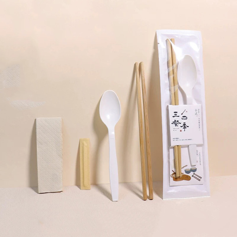 Palillos ecológicos con cuchara, cuchara desechable y palillo de bambú, cubiertos, juego de película de papel Degradable
