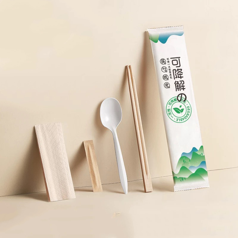 Servilleta de cocina desechable, juego de bolsas de cubiertos biodegradables con servilleta con logotipos impresos, juego de película de papel degradable