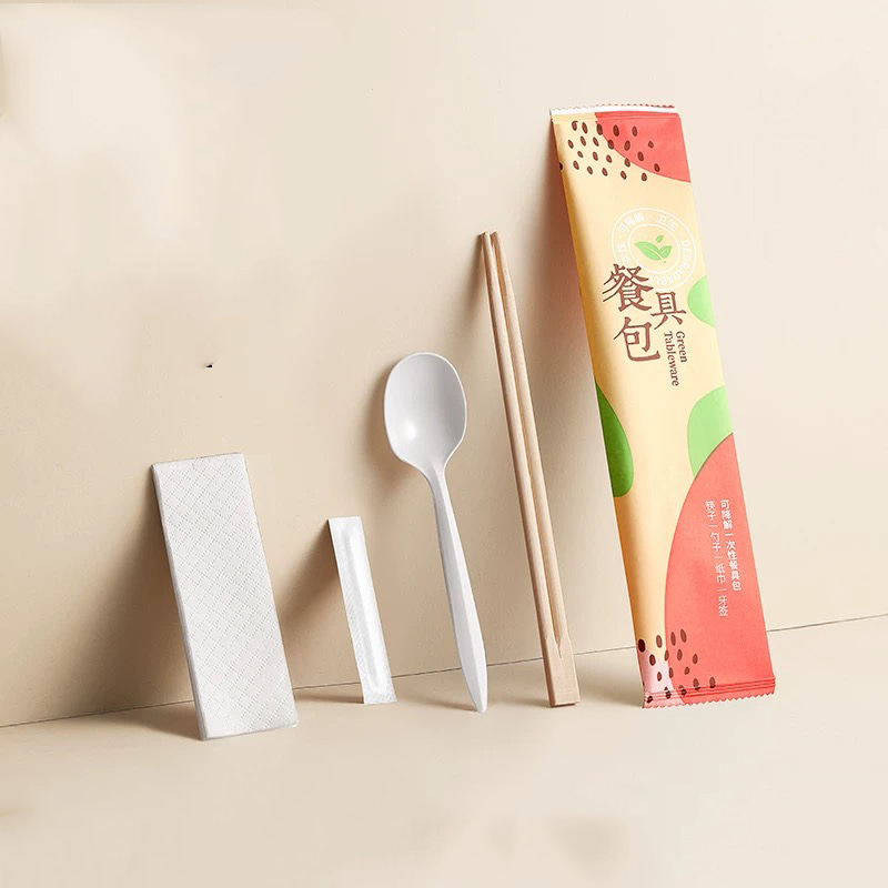 Palillos de bambú desechables, cucharas de maicena biodegradables, palillos de dientes, juego de película de papel degradable